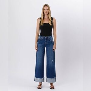 Blue Flare Wide Leg Jeans with High Waist and Raw Hem
